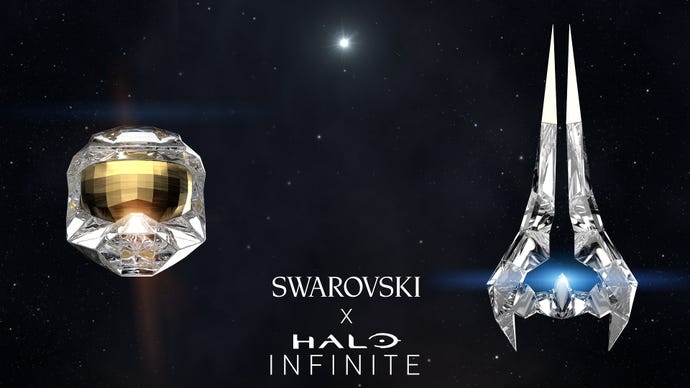 Halo-themed Swarovski cryals, the left is Master Chief’s helmet, and the right is a rather pointy Energy Sword.