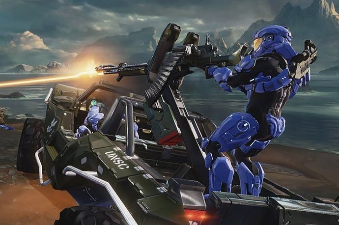 A blue Spartan on the back of a mongoose firing the turret.