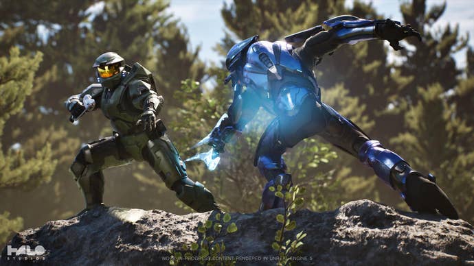 Master Chief fights a Covenant enemy in Unreal Engine 5.