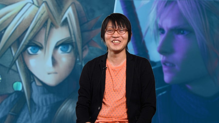 Naoki Hamaguchi, flanked by different eras of Final Fantasy 7's Cloud.