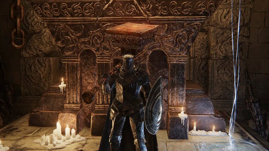 A Tarnished holds the huge Anvil Hammer in Elden Ring: Shadow of the Erdtree.