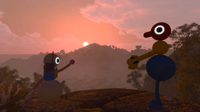 Two friends look toward a sunset successful Big Walk, 1 of them utilizing binoculars.