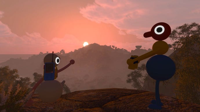 Two friends look toward a sunset in Big Walk, one of them using binoculars.