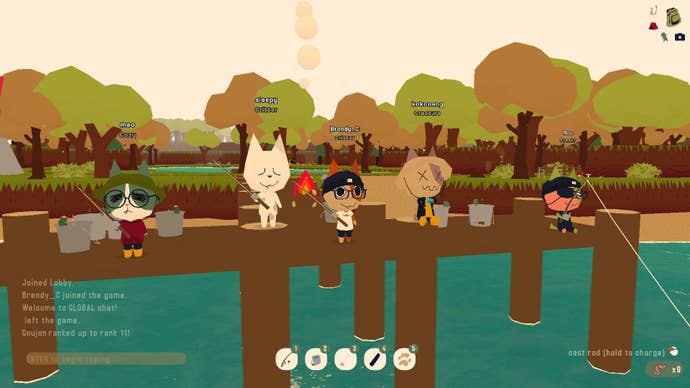 Five cats cast fishing lines on a pier in Webfishing.