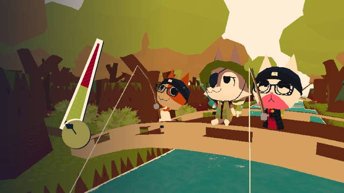 Three animals stand fishing on a bridge in Webfishing.