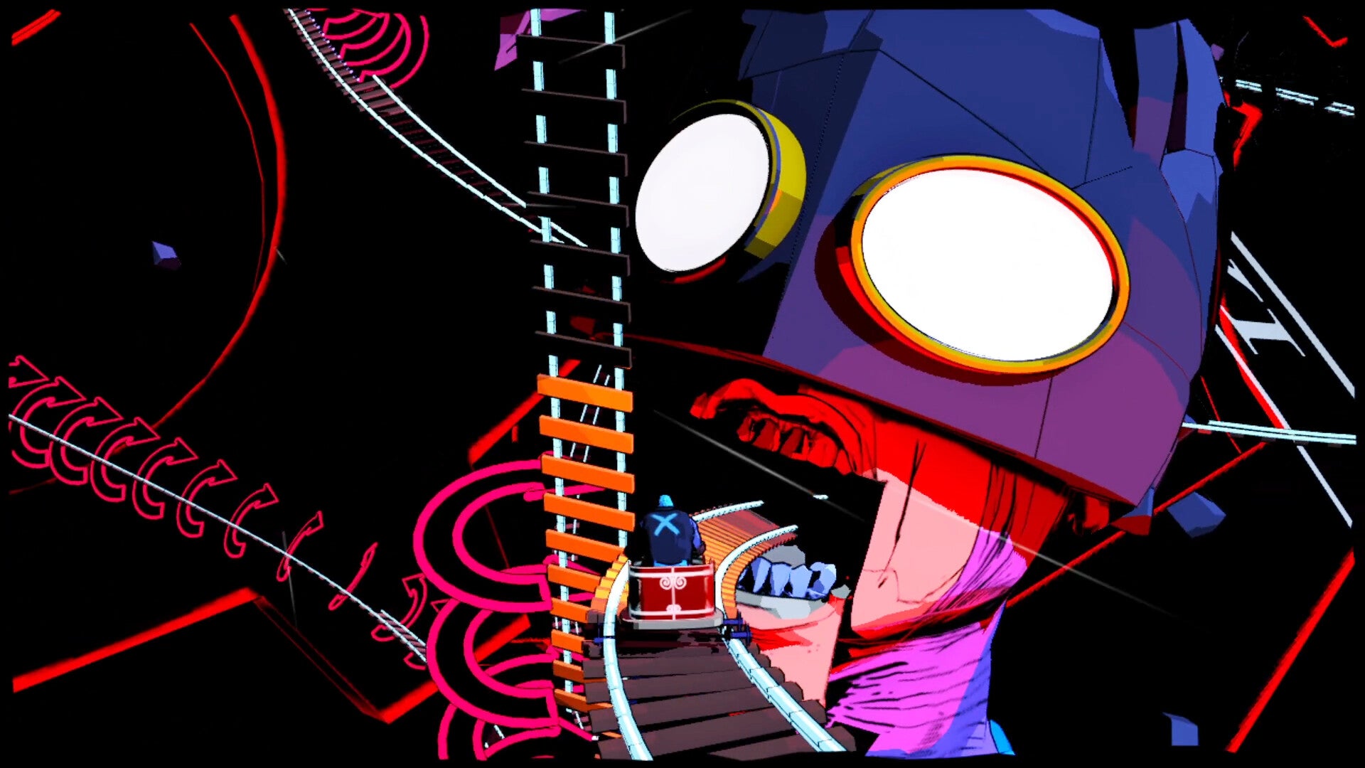 A comicbook character in a rollercoaster kart that is carrying him into a giant version of his own mouth, from Hank: Drowning On Dry Land - 1