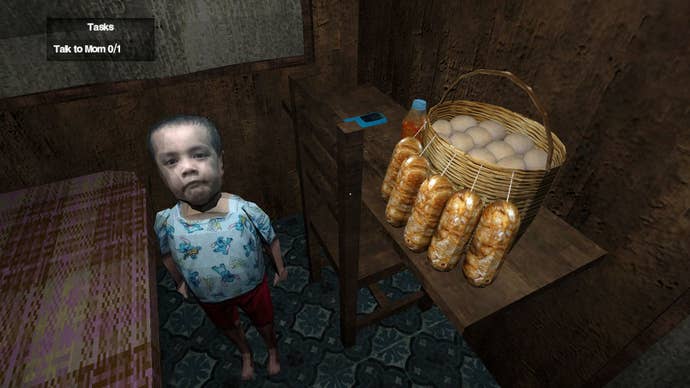 The protagonist’s little brother looks up at the player, next to a basket of balut.