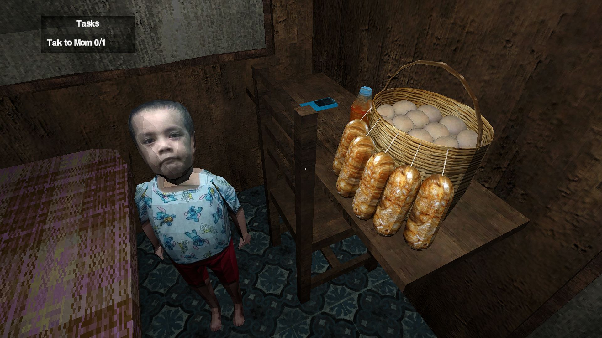 The protagonist's little brother looks up at the player, next to a basket of balut. - 1
