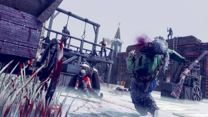 A man is shot by a cowboy from atop an execution tower in Hard West 2