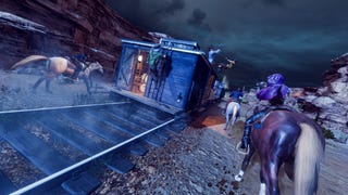 A screenshot of Hard West 2 showing some cowboys on horses chasing after a train at night.