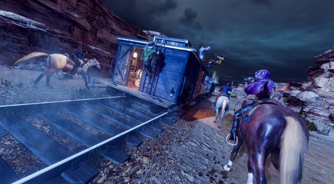 A screenshot of Hard West 2 showing some cowboys on horses chasing after a train at night.