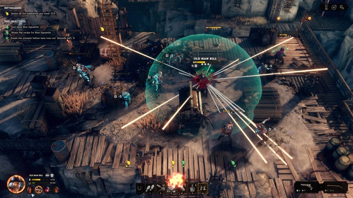 A wave of bullets erupt from an old man in Hard West 2