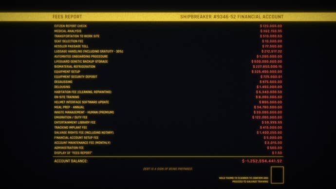 A huge list shows the fees and costs that have put the shipbreaker in debt to Lynx in Hardspace: Shipbreaker