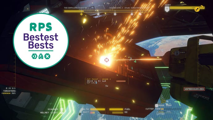 A spaceship is carved in two with a laser in Hardspace Shipbreaker with the RPS Bestest Best logo in the corner