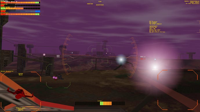 A first person view from the cockpit of a ship in Hardwar, looking out on a purple night sky