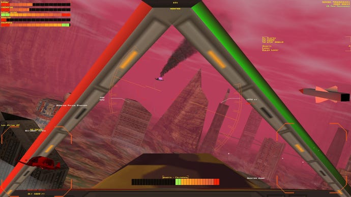 Looking down your gun sights at an enemy, their ship trailing black smoke, in Hardwar
