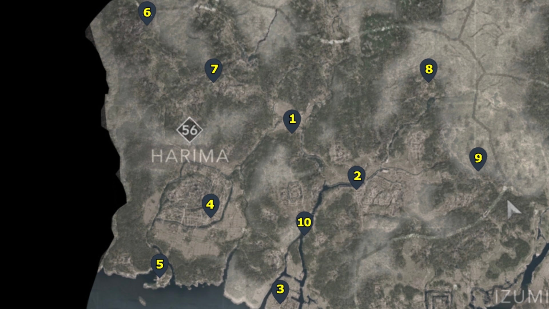 A map with pointers showing all of the Kakurega in the Harima region of Assassin's Creed Shadows. - 7