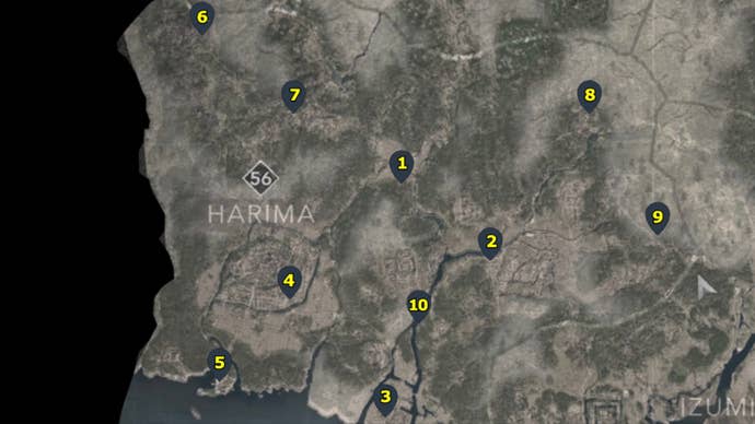 A map with pointers showing all of the Kakurega in the Harima region of Assassin’s Creed Shadows.