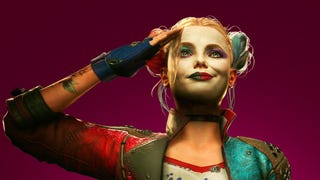 Image of DC's Harley Quinn looking up towards the horizon and saluting. Her hair is tied up in two buns.