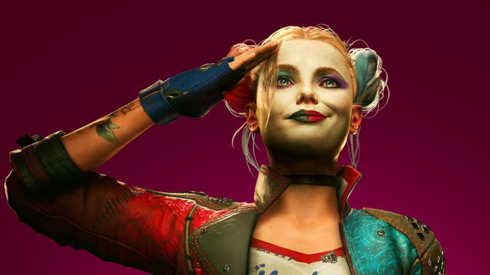 Image of DC's Harley Quinn looking up towards the horizon and saluting. Her hair is tied up in two buns.