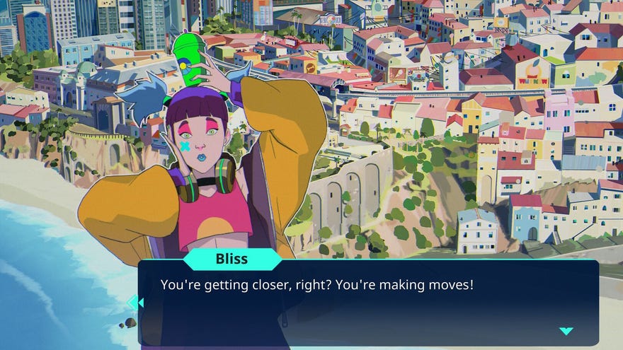 Bliss, a character who looks like a teen girl dressed for a skate party, balances a slush cup on her head and addresses the player in Harmony: The Fall Of Reverie