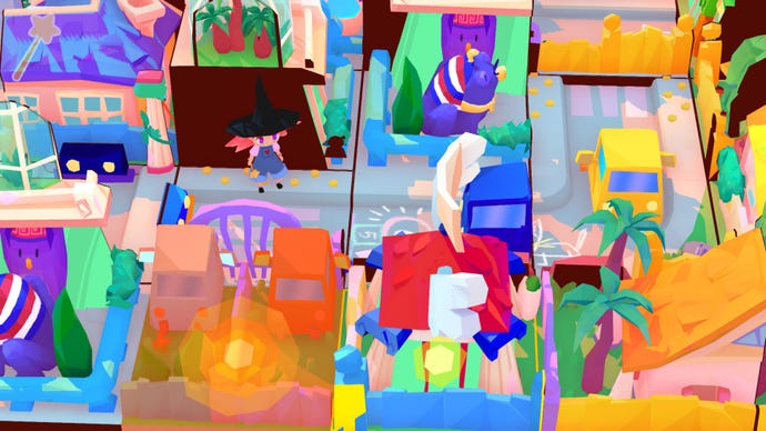 Harmony, a little witch from Harmony’s Odyssey, stands on part of a street in a cute 3d town. The town has been divided into equal squares and scrambled like a jigsaw