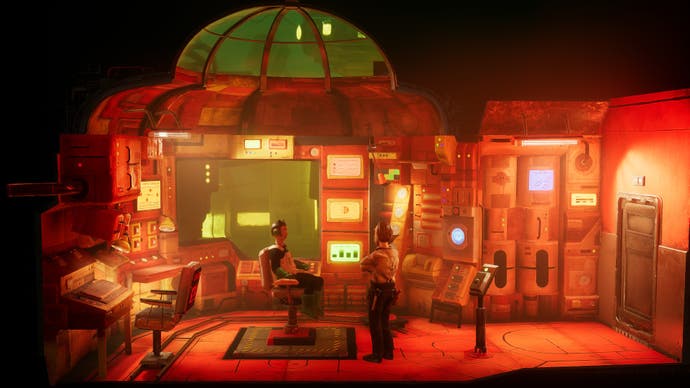 harold halibut screenshot showing a diaorama of the captain's room bathed in orange light