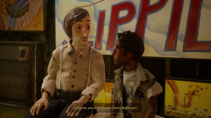 Harold Halibut screenshot shows Harold chatting with a child
