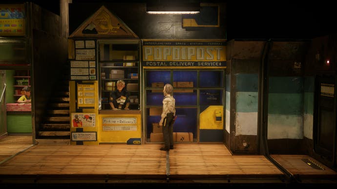 Harold Halibut screenshot showing Harold outside the Buddy Post Office