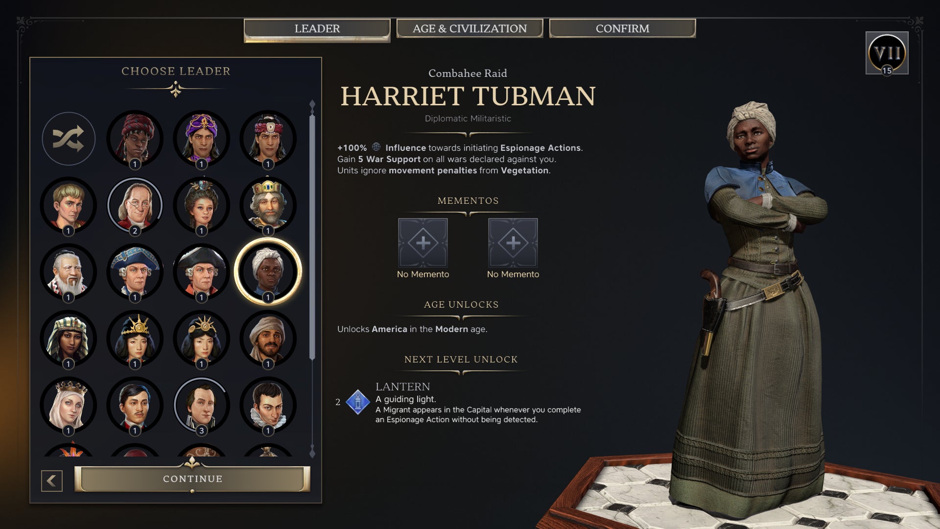 The Civilization 7 leader selection screen, showing Harriet Tubman - 1