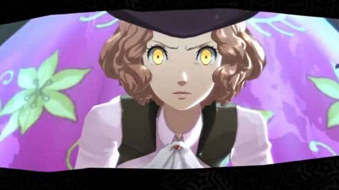 Persona 5 Royal Haru Confidant: An anime young woman in a black hat and frilly pink blouse stares at the camera with gold-tinged eyes