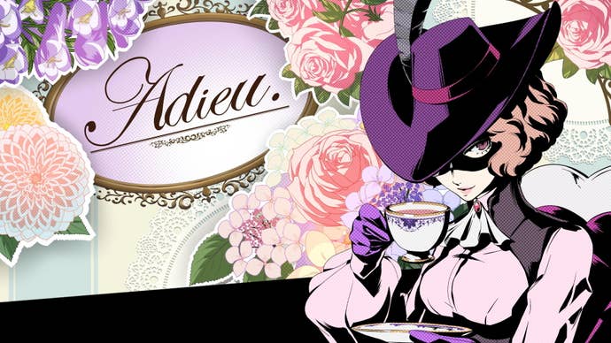 Persona 5 Royal Haru Confidant: An anime young woman in a black hat and frilly pink blouse sips from a teacup