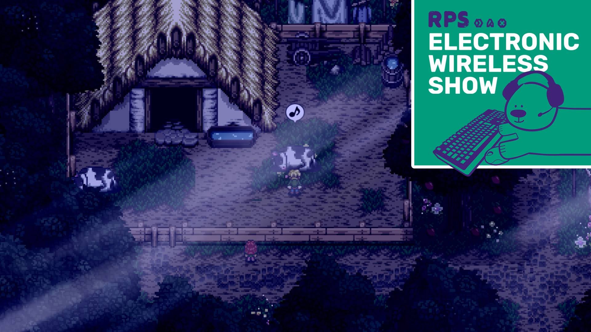 A nighttime scene in Harvest Island, showing the player character milking a cow while his sister watches from behind the fence. The EWS podcast logo square is in the top right corner