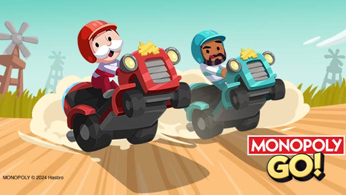 Artwork for the Monopoly Go Harvest Racers event showing the game's mascot racing another character in a tractor.