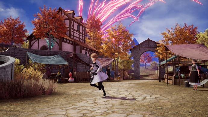 Giant red crystals above a medieval European town as an anime girl runs across the cobbled streets? Must be a Square Enix game.