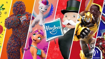 Hasbro collage with the company logo in the middle in front of vertical strips showing art from different franchises like Nerf, My Little Pony, Monopoly, and Transformers