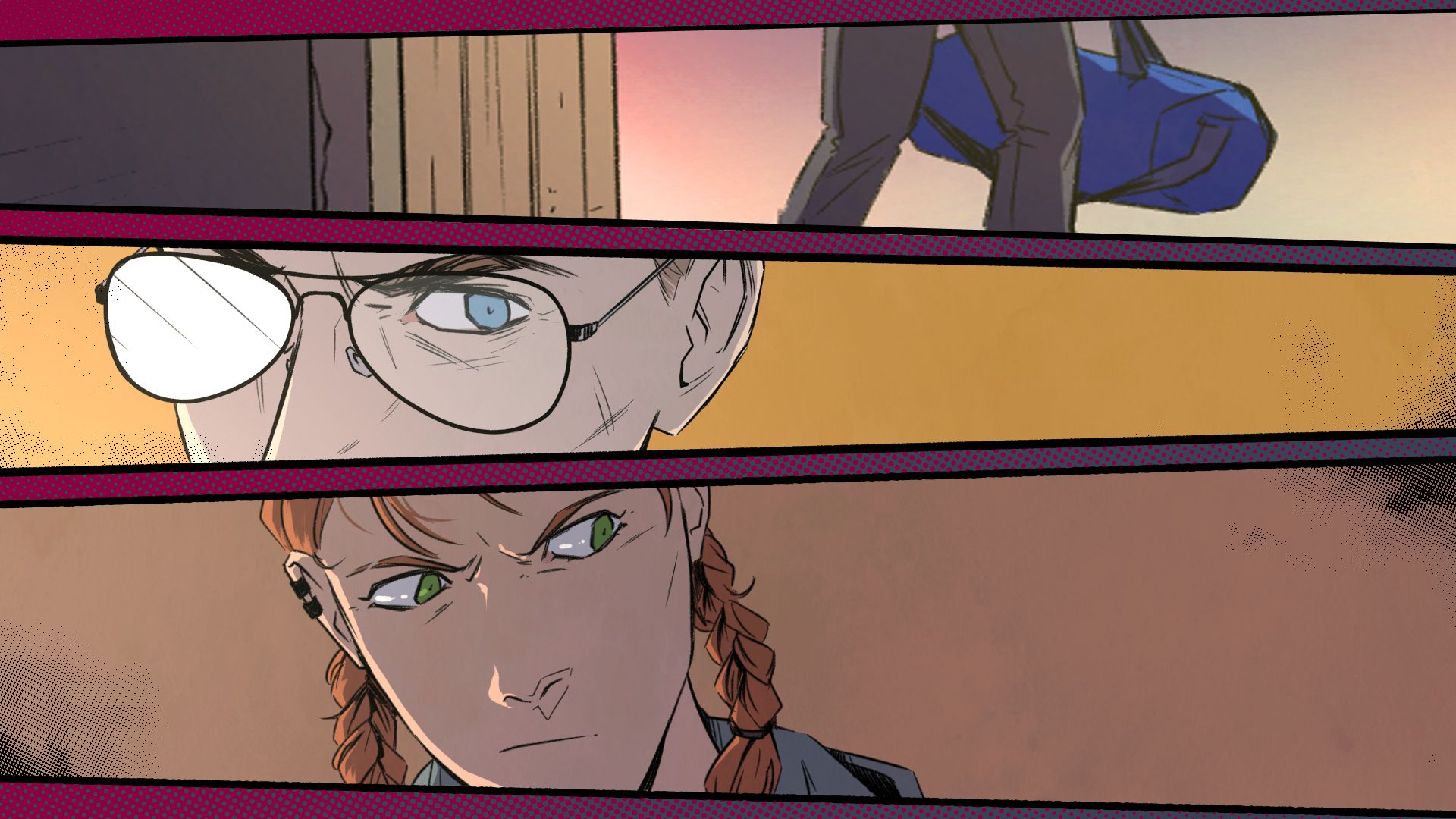 A screen from Hauma divided into thirds, like comic book panels: a man holding a duffel bag, a second man observing him walk past, and a woman with red plaits observing the second man observing the bag