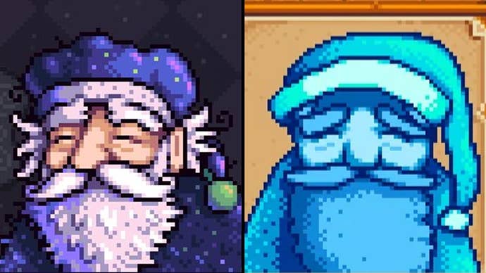 Haunted Chocolatier’s mysterious anonymous character next to Stardew Valley’s Grandpa