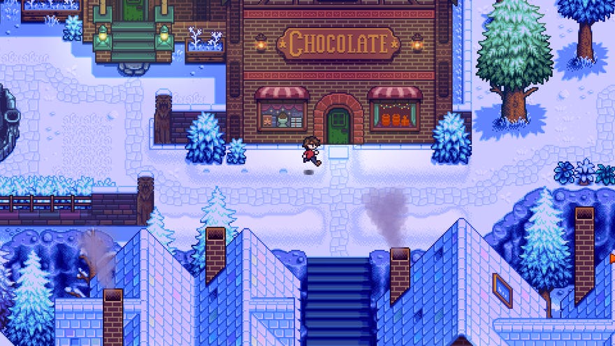 A character runs in front of a chocolate shop in Stardew creator Eric “ConcernedApe” Barone’s upcoming game, Haunted Chocolatier.