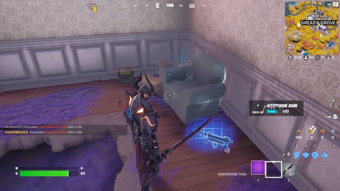 Fortnite haunted furniture: A knight in black armor stands in front of a sofa with a glowing white aura