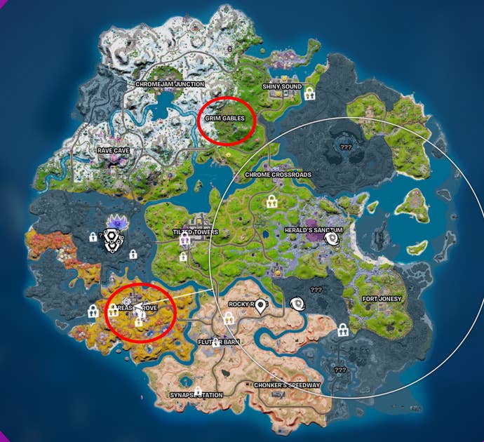 Fortnite haunted furniture: A map of Fortnite season 3 has a red circle over Grim Gables and over Greasy Grove