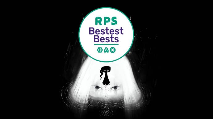 A girl’s head looms out of the dark just behind Hauntii, with a Bestest Best badge rising above them both.