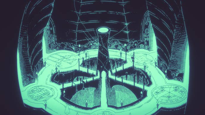 A ghostly spire glowing turquoise in a Hauntii screenshot.