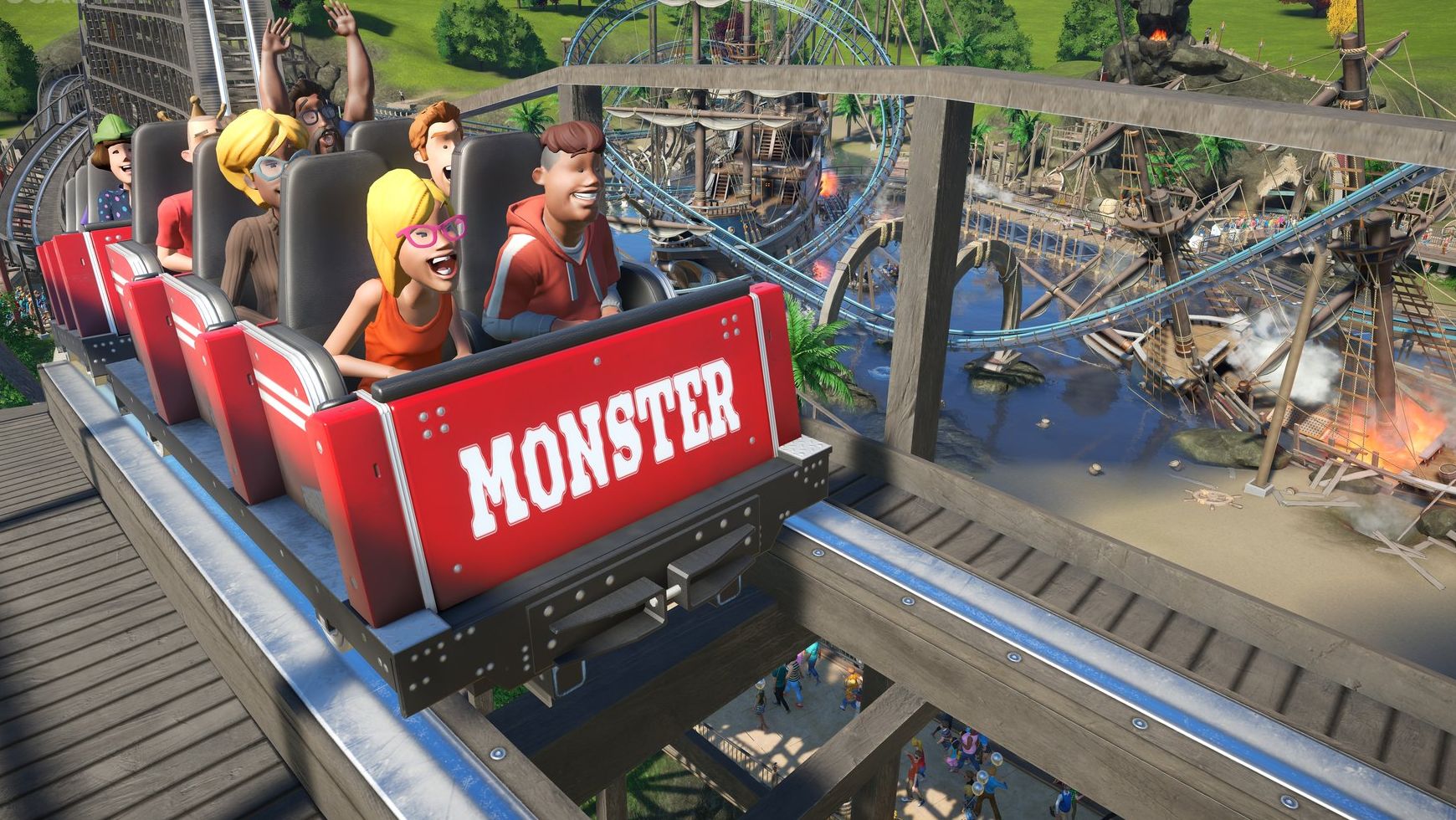 Park visitors on a coaster in Planet Coaster - 17
