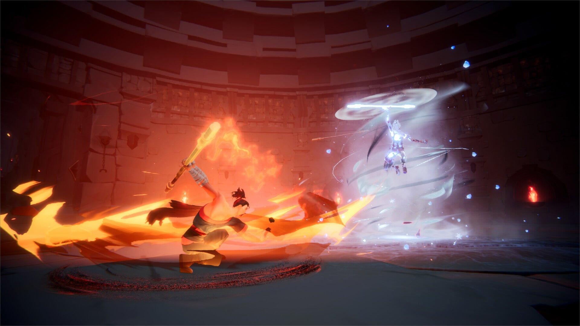 Two warriors, one using fire powers, the other using ice powers, are fighting each other in Havenhold. - 1