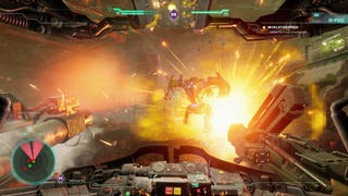 A cockpit view of mech violence in a Hawken Reborn screenshot