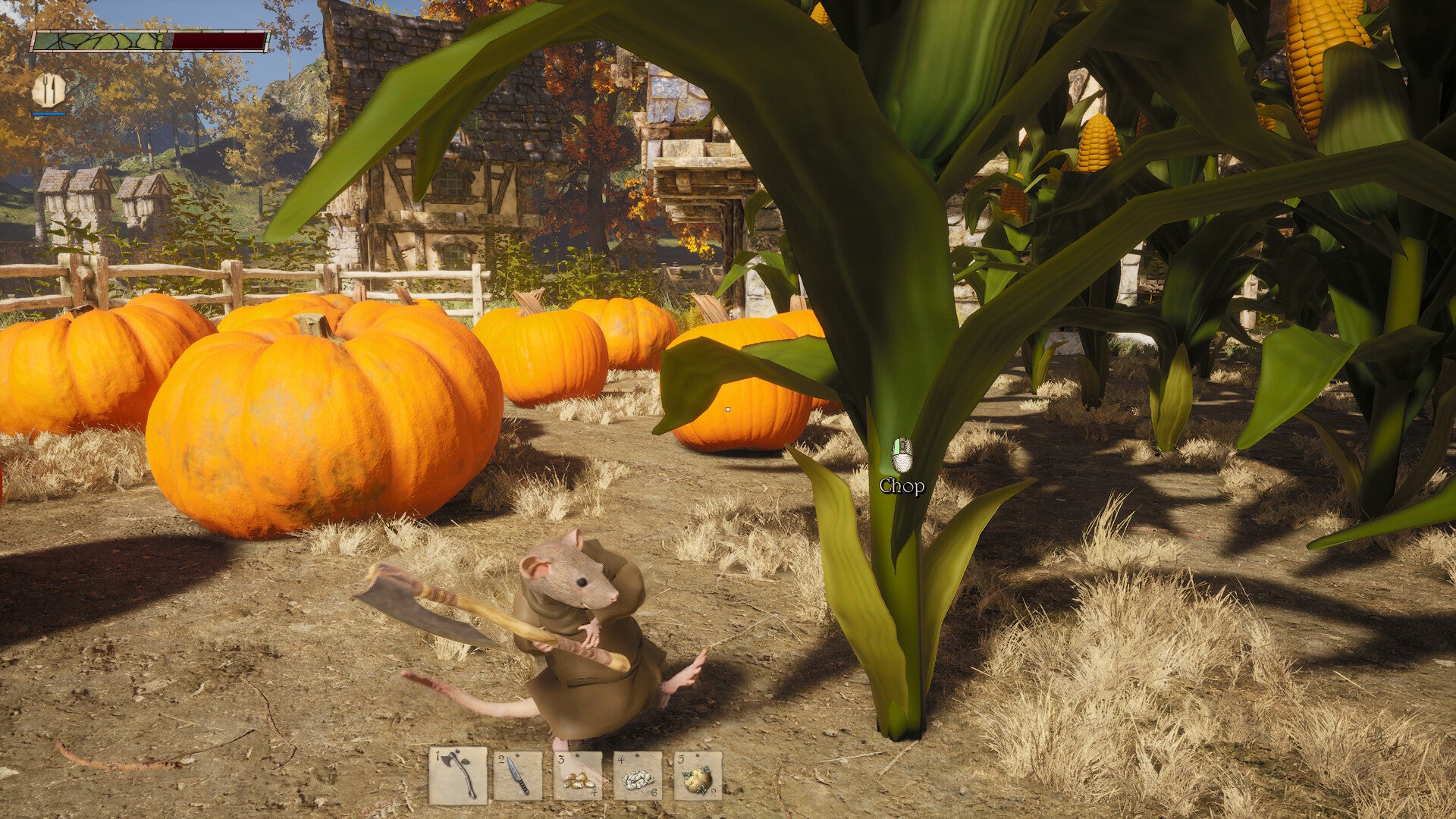 A mouse with an axe harvesting fruit and vegetables. - 1