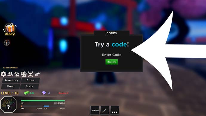 Arrow pointing at the codes menu in the Roblox game Haze Piece.