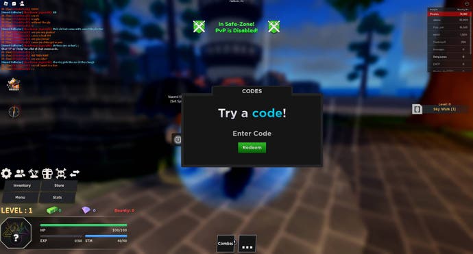 The menu pop-up in-game where you can redeem a code.
