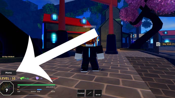 Arrow pointing at the menu button in the One Piece-inspired Roblox game Haze Piece.